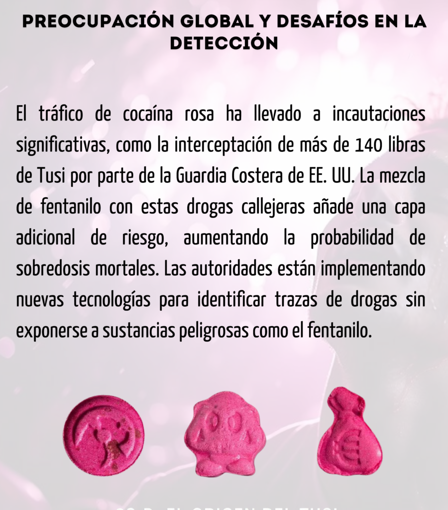 El tráfico de cocaína rosa ha llevado a incautaciones significativas, como la interceptación de más de 140 libras de Tusi por parte de la Guardia Costera de EE. UU. La mezcla de fentanilo con estas drogas callejeras añade una capa adicional de riesgo, aumentando la probabilidad de sobredosis mortales. Las autoridades están implementando nuevas tecnologías para identificar trazas de drogas sin exponerse a sustancias peligrosas como el fentanilo.