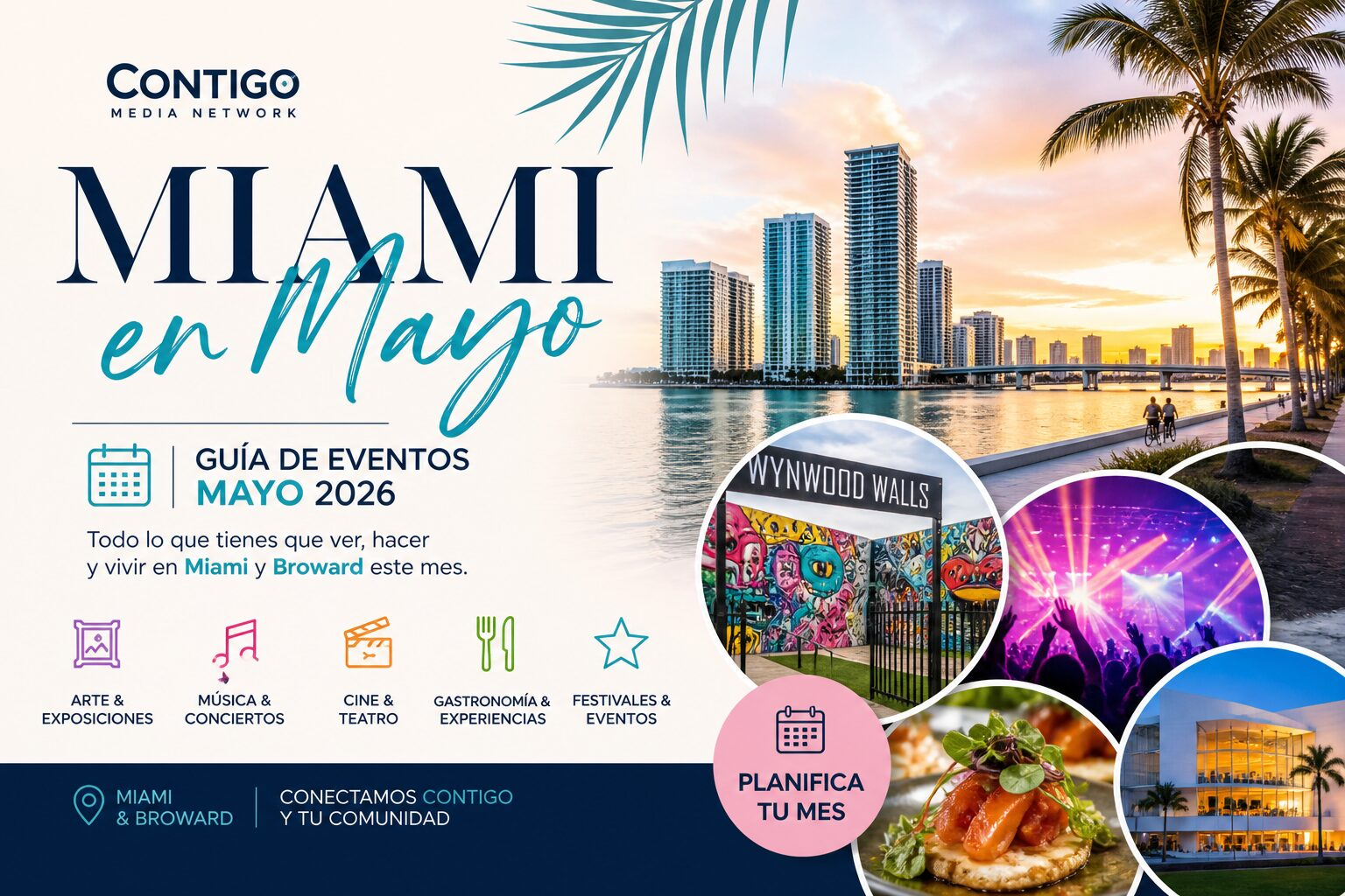 Guía de eventos en Miami y Broward mayo 2026 con agenda cultural, conciertos, arte, gastronomía y festivales, diseño promocional de Miami en mayo.