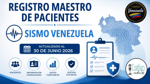 Registro maestro de pacientes del sismo en Venezuela con actualización al 30 de junio de 2026, diseño institucional en tonos azules con íconos médicos y de gestión de datos.