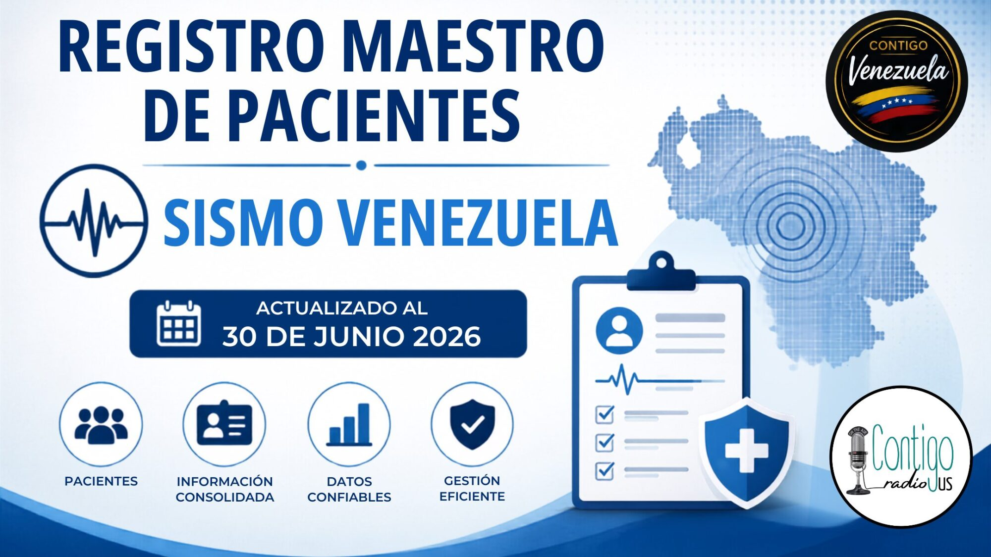 Registro maestro de pacientes del sismo en Venezuela con actualización al 30 de junio de 2026, diseño institucional en tonos azules con íconos médicos y de gestión de datos.