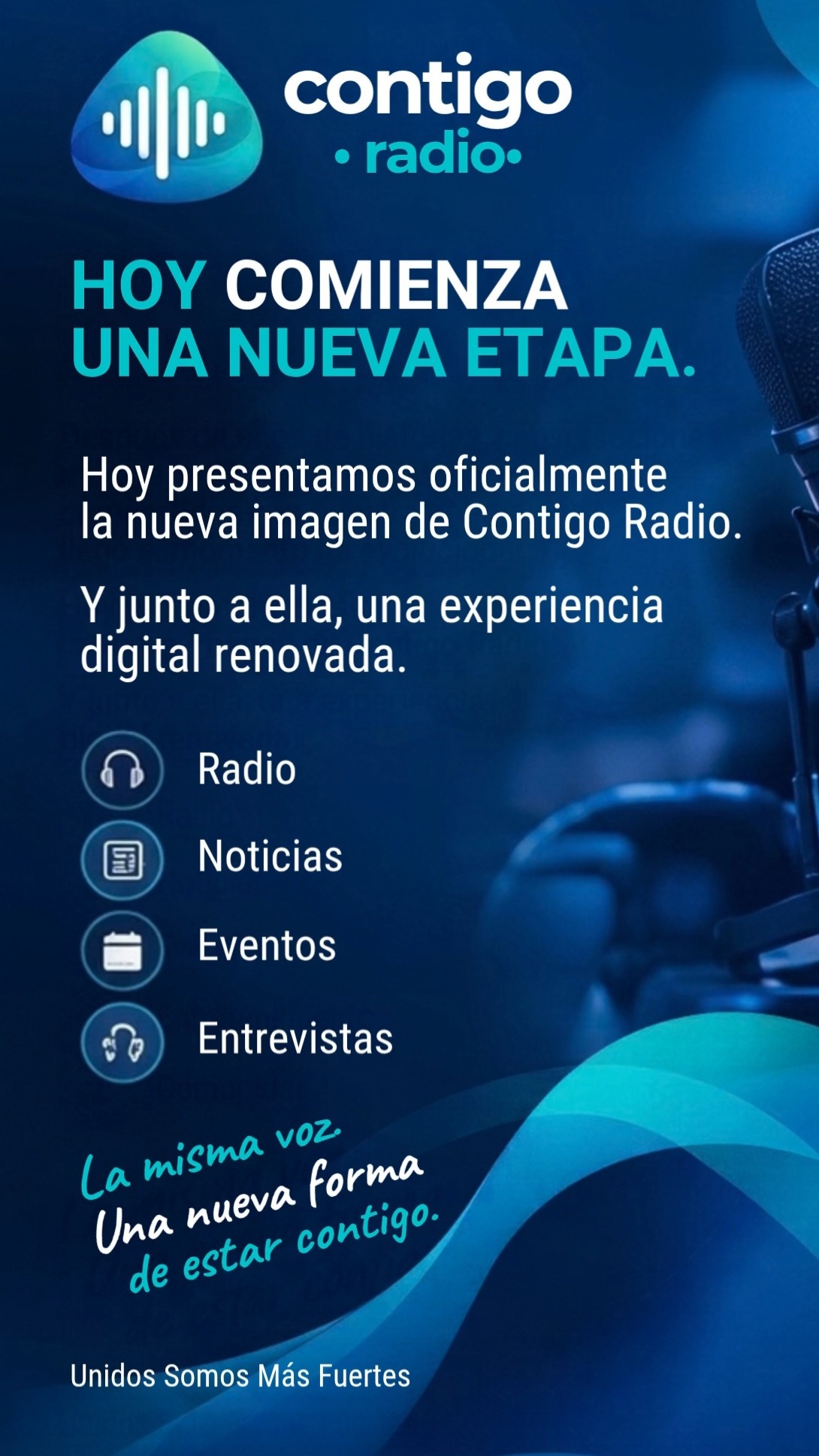 NUEVA IMAGEN. NUEVA EXPERIENCIA DIGITAL.

Contigo Radio evoluciona para estar más cerca de ti.

Una nueva identidad, una nueva casa digital y una experiencia pensada para conectar contigo de una manera diferente.

Estamos preparando algo nuevo, moderno y más dinámico, pero conservando la esencia que nos identifica.

La nueva Contigo Radio está por llegar.

¿Estás listo para descubrirla?

#ContigoRadio #NuevaImagen #NuevaExperienciaDigital #ContigoMediaNetwork #RadioOnline