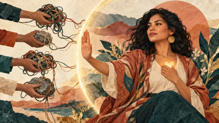 - Ilustración de una mujer que protege un corazón luminoso y establece un límite ante manos que le ofrecen piedras e hilos enredados.